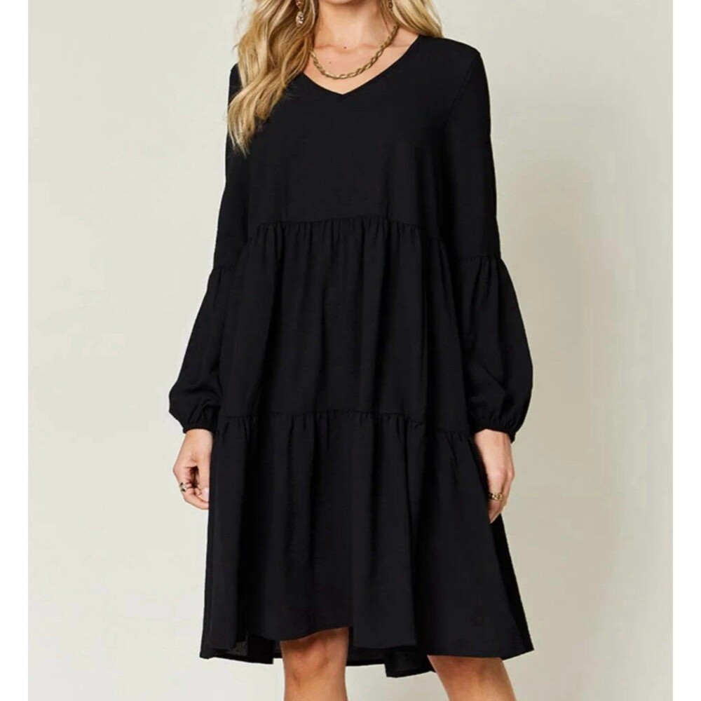V Neck Balloon Sleeve Tiered Dress Black Size L